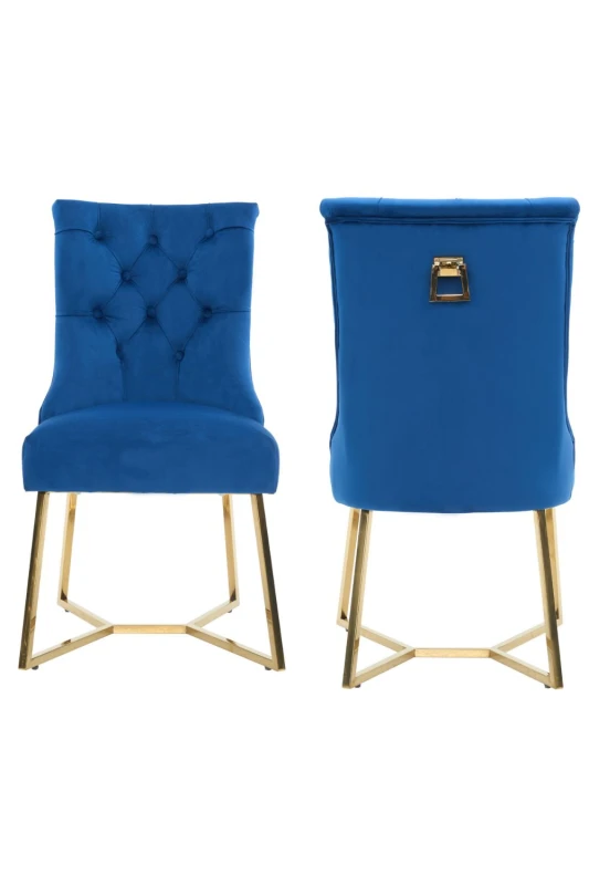 Image of Life Interiors Life Interiors Set of 2 Ambra Modern Velvet Dining Chairs with Gold Legs, Ring Handle & Tufted Back in Blue Blue One Size Unisex 505666