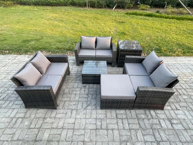 Image of Fimous Rattan Wicker Garden Furniture Patio Conservatory Sofa Set with Square Coffee Table Double Seat Sofa Big Footstool in Dark Grey Dark Grey Unise