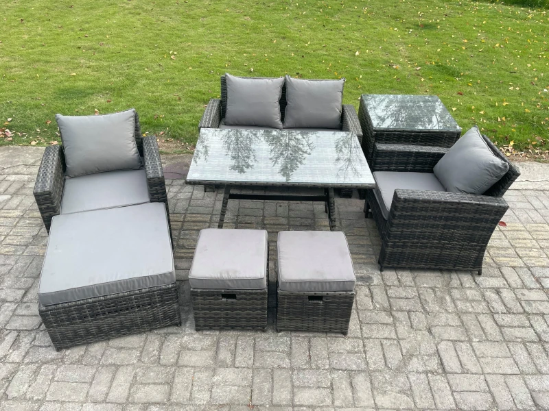Image of Fimous Rattan Wicker Garden Furniture Patio Conservatory Sofa Set with Rectangular Dining Table Armchair 3 Footstools Side Table in Dark Grey Dark Gre
