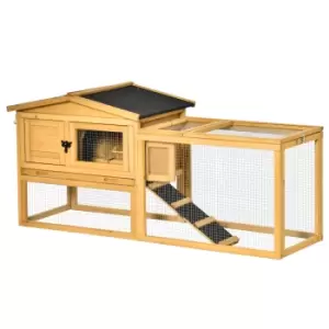 Image of PawHut 2 Level Wooden Rabbit Bunny Guinea Pig Hutch w/ Outdoor Run Water Resistant Roof Pull out Tray Ramp 150 x 52.5 x 68 cm, Yellow
