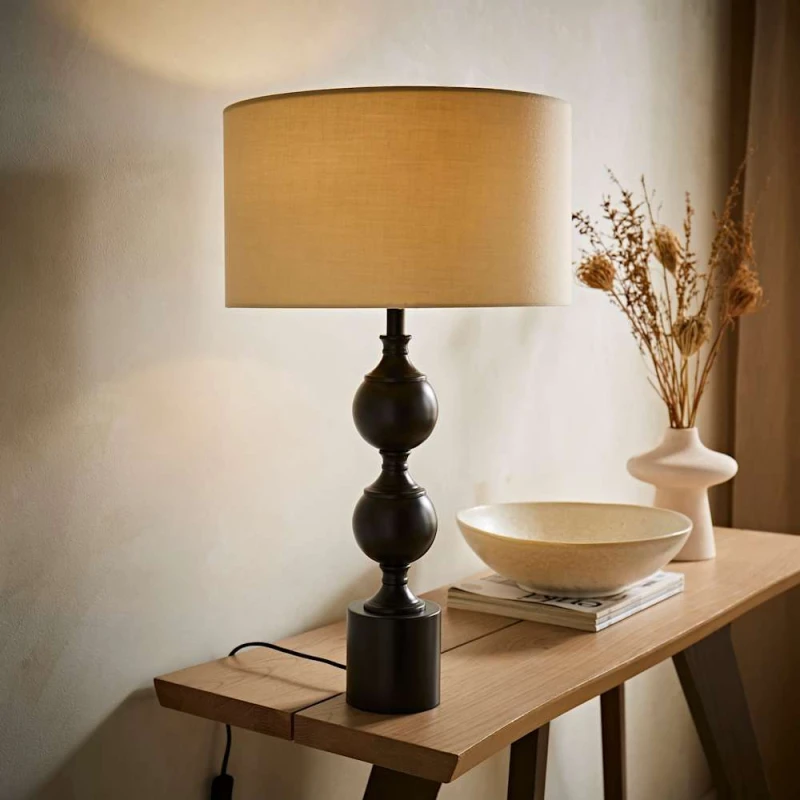Image of ValueLights ValueLights Declan Candlestick Metal Ball Table Lamp with Fabric Drum Lamp Shade in Natural Natural One Size Unisex 5059406067983