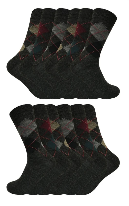 Image of Sock Snob Sock Snob Men 12 Pair Soft Lambswool Honeycomb Top Argyle Patterned Socks in Grey Size: 6-11 Grey 6-11 Male 5060910928226