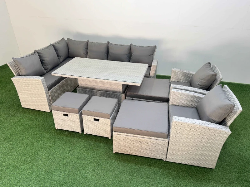 Image of Fimous 12 Seat Garden Furniture Corner Sofa with Armchair Light Grey Light Grey Unisex