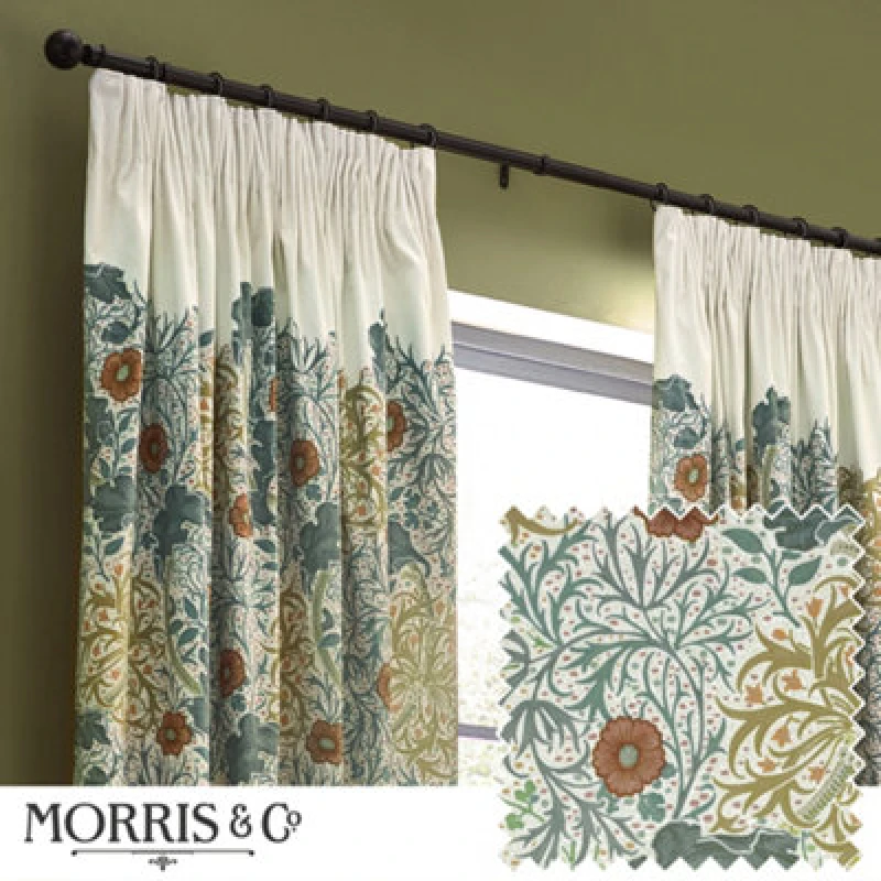 Image of Morris & Co Morris & Co Seaweed Printed Velvet Room Darkening Pencil Pleat Curtains in Stone Size: 167cm width x 183cm drop Stone 167cm width x 183c