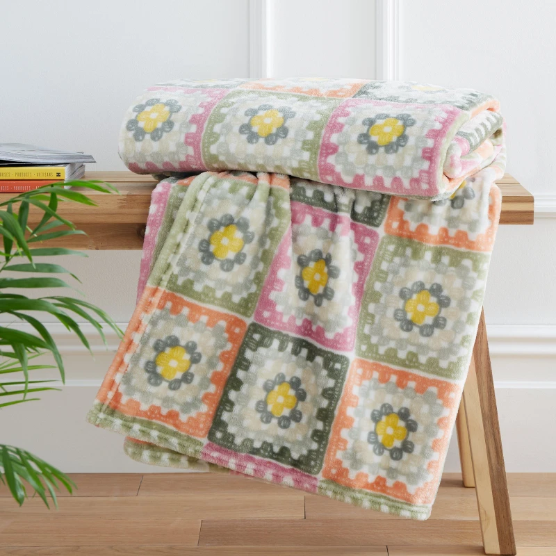 Image of Catherine Lansfield Crochet Print Fleece Throw Blanket 130cm x 170cm