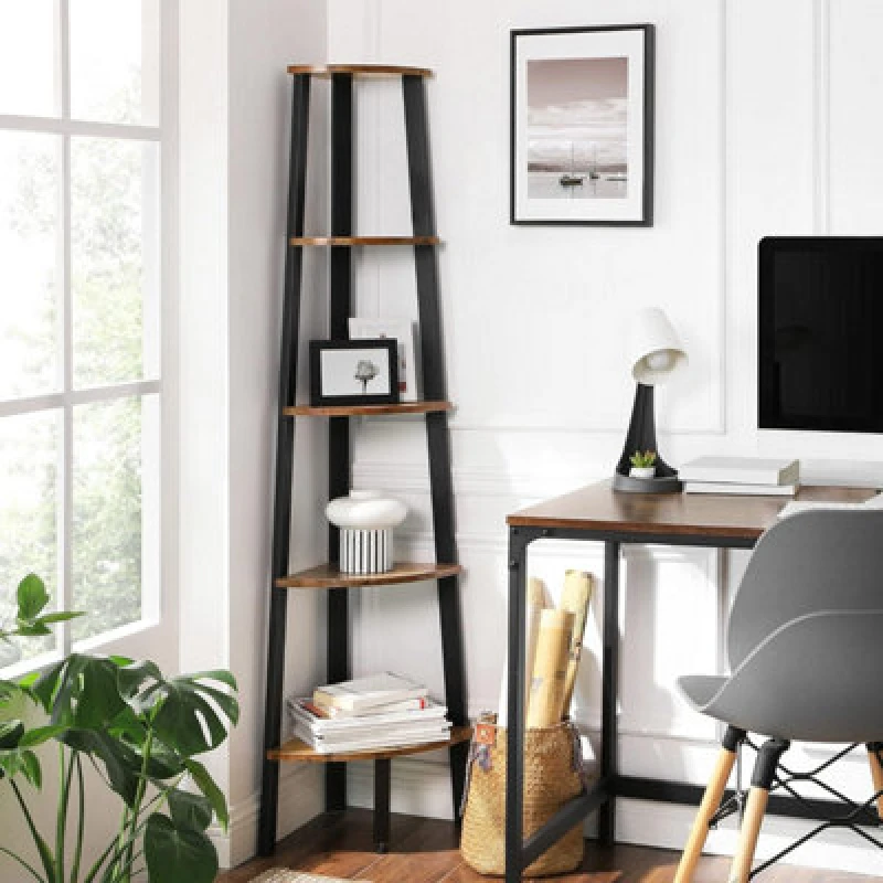 Image of Songmics Corner Bookcase, 5 Tier Shelving Unit, Ladder Shelf Storage Unit, Plant Holder, Rustic Brown And Black