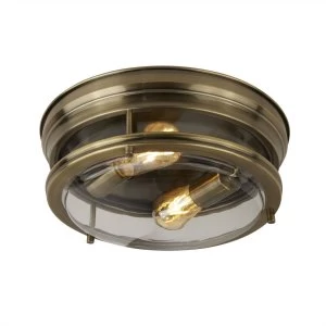 Image of 2 Light Bathroom Flush Ceiling Light Antique Brass IP44, E27