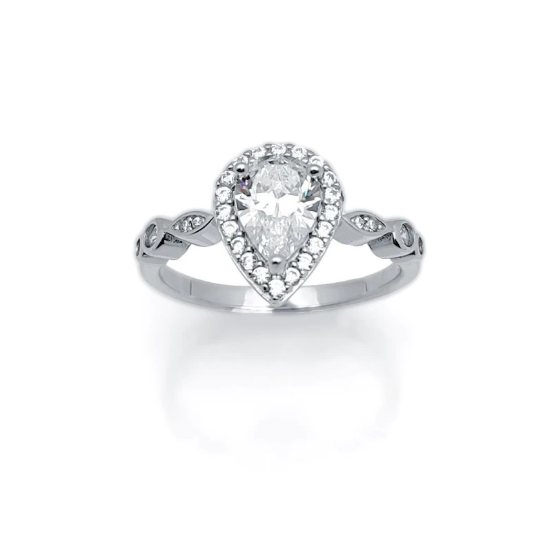 Image of Jewelco London Silver Pear CZ Shoulder-set Halo Solitaire Engagement Ring - ARN134 Silver