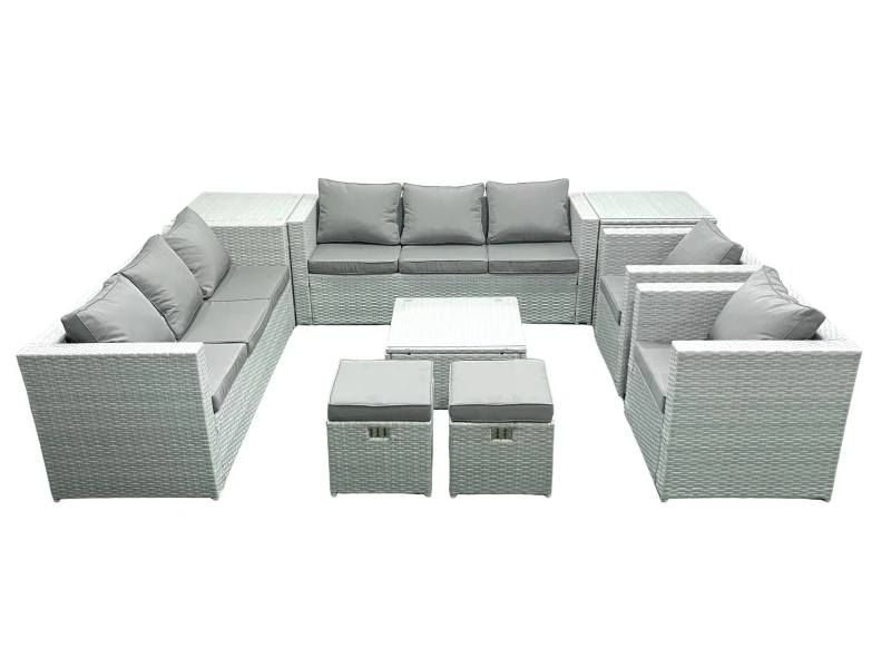 Image of Fimous Outdoor Rattan Sofa Garden Furniture Set with 2 Armchairs Square Coffee Table 2 Small Footstools 2 Side Tables Light Grey Mixed Light Grey