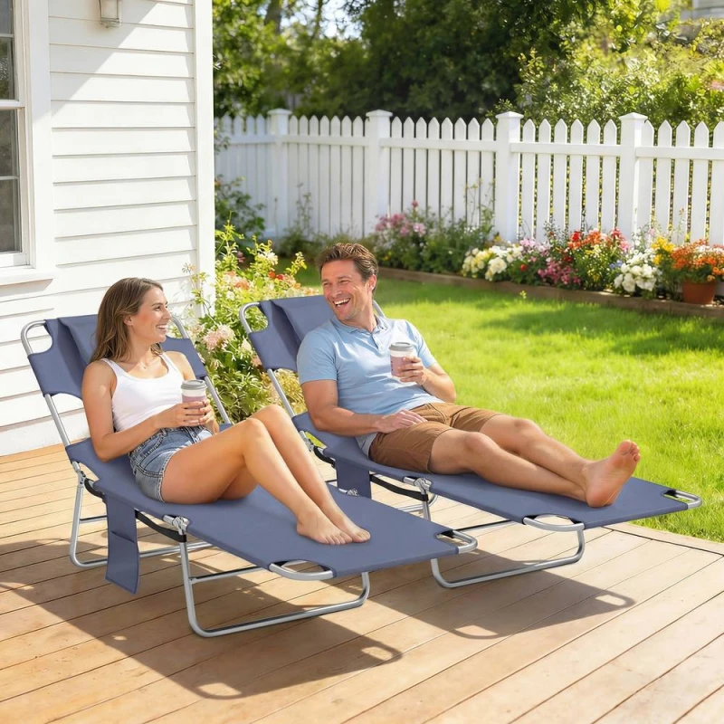 Image of OUTSUNNY Sun Lounger with Reading Hole, Folding Garden Lounger in Grey Size: 2 Pack Grey Unisex 2 Pack
