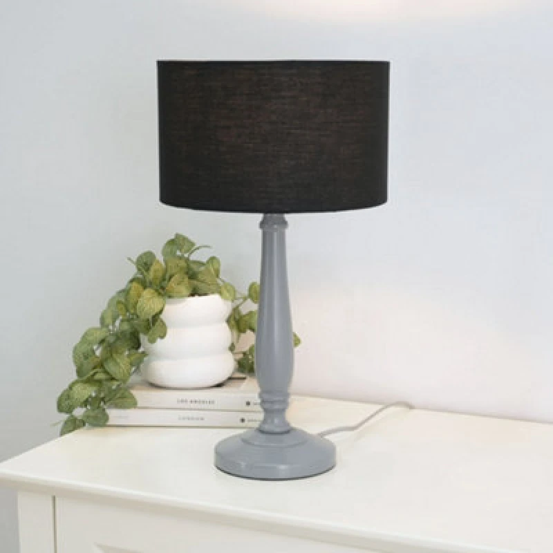 Image of ValueLights Victoria Grey Wood Traditional Table Lamp with Fabric Drum Shade Black