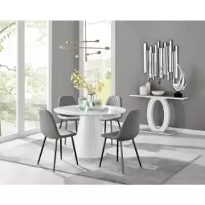 Image of Furniturebox Palma White High Gloss 4 Seat Minimalist Post Modern Round Dining Table & 4 Grey Corona Faux Leather Dining Chairs with Black Legs
