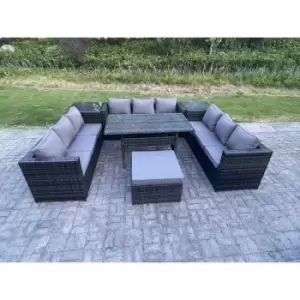Image of Fimous 9 Seater Outdoor Dark Grey Rattan Lounge Complete Sofa Set with Regular Dining Table, 2 Side Tables and Big Footstool