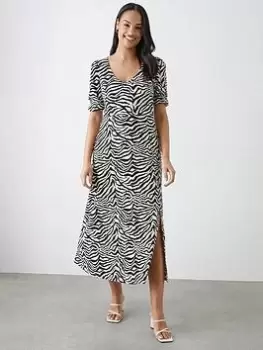 Image of Dorothy Perkins Zebra V Neck Midi Dress - Black, Multi, Size 16, Women