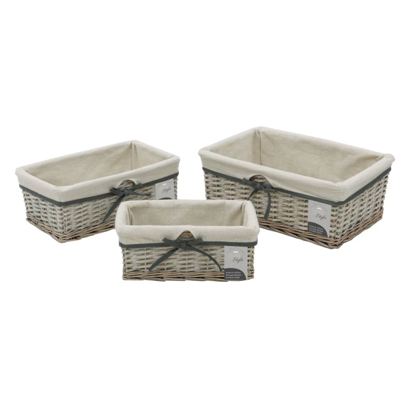 Image of JVL Arianna Rectangular Willow Storage Basket, Set of 3, Grey Wash Mid Grey