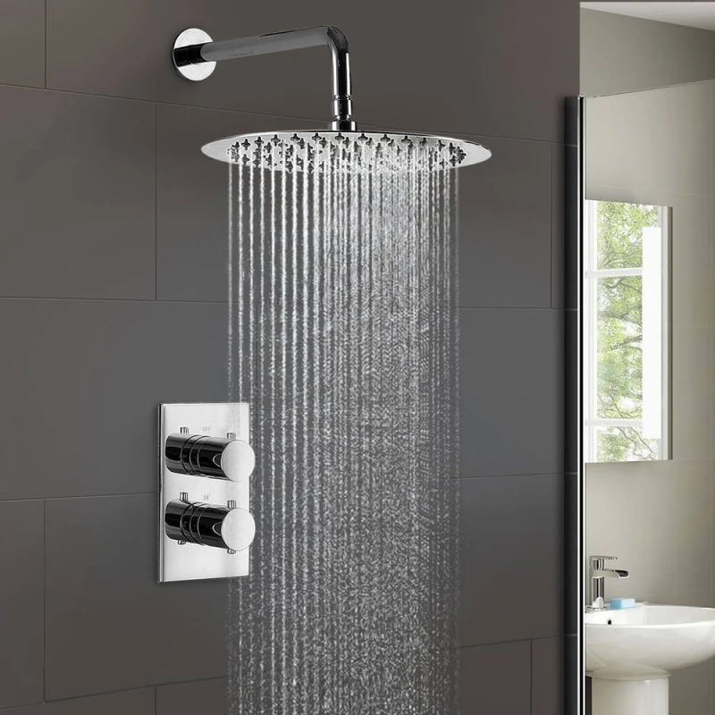 Image of Nes Home Lily Slim 2 Dial 1 Way Concealed Thermostatic Shower Mixer & Overhead in Silver Silver Unisex