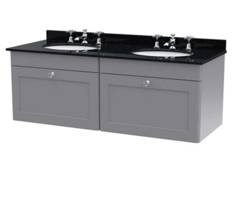 Image of NUIE Nuie Classique Satin Grey 1200mm Wall Hung 2 Drawer Vanity Unit with Black Marble Countertop and 2 Round Basins with 6 Tap Holes - CLC294BR6 CLC2