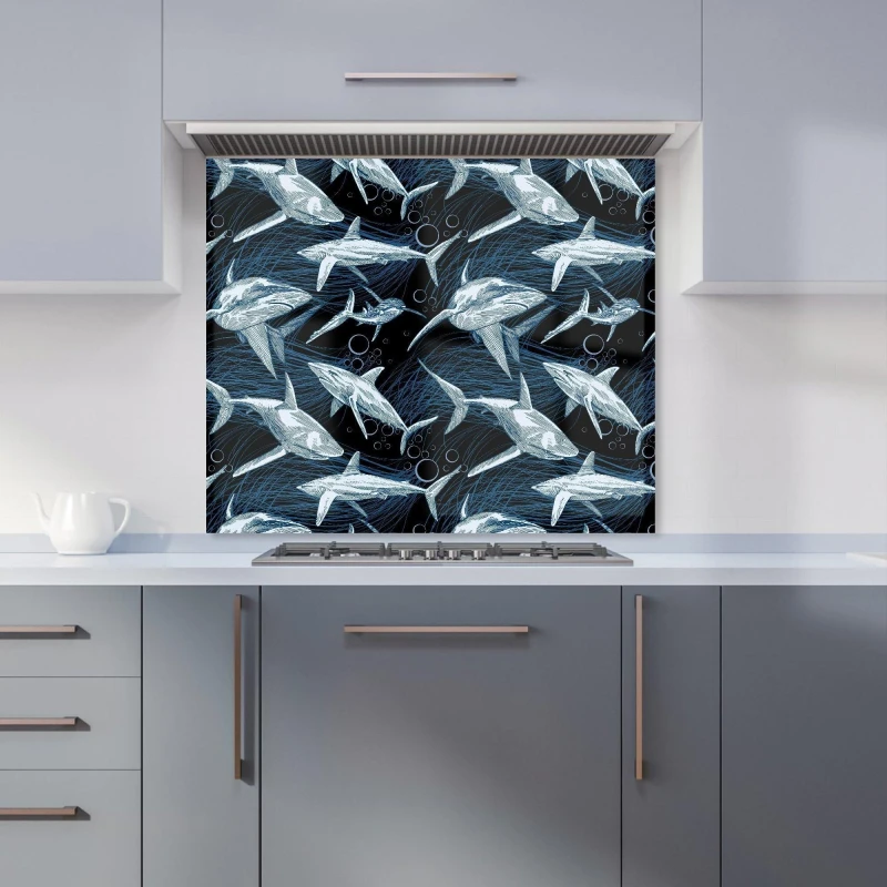Image of Warren Reed - Designer Hand Drawn Shark Pattern Kitchen Splashback in Blue Size: 700mm x 650mm Blue Unisex 700mm x 650mm