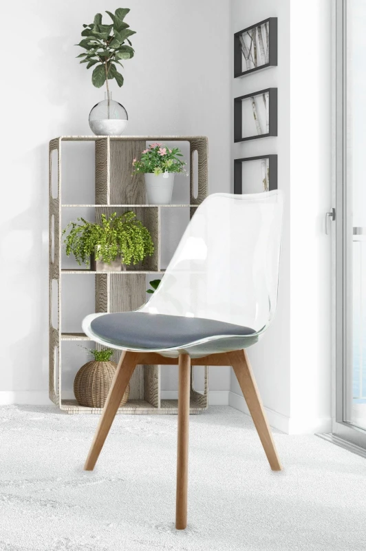 Image of Fusion Living Soho Clear Plastic Dining Chair with Squared Light Wood Legs in Dark Grey Dark Grey Unisex