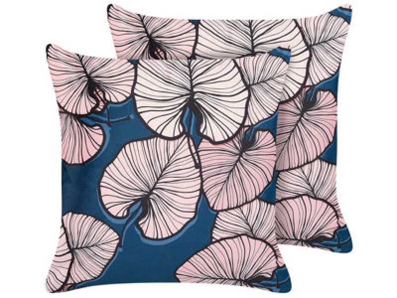 Image of Beliani Set Of 2 Decorative Cushions Chrysanthemum Velvet 45 X 45cm Dark Blue Plant Pattern