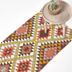 Image of Oslo Orange, Brown and Yellow Multi Coloured 100% Cotton Diamond Pattern Rug, 66 x 200cm - Multi Colour - Homescapes