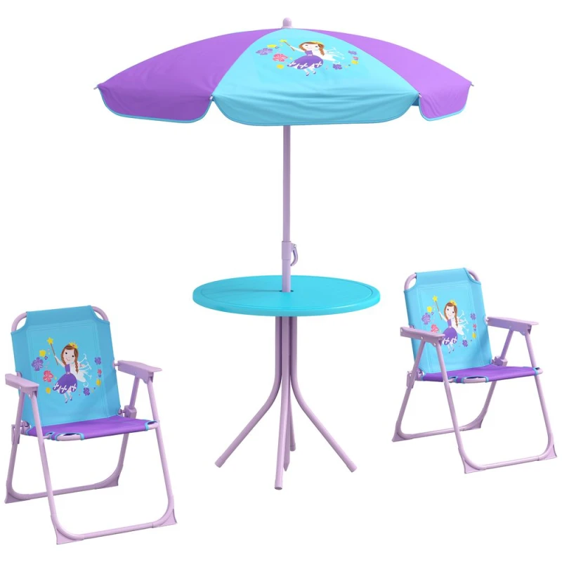 Image of Outsunny Kids Bistro Table and Chair Set with Fairy Theme, Adjustable Parasol, Blue 3E3-005V00BU