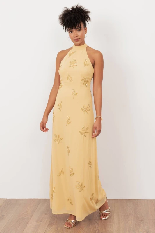 Image of Maya Deluxe Womens Embellished Halter Neck Open Back Maxi Dress in Yellow Size: 8 Yellow Female 8