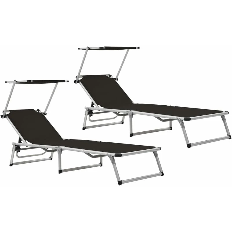 Image of VIDAXL Folding Sun Loungers with Roof 2 pcs Aluminium&Textilene Black Vidaxl 8720286136690