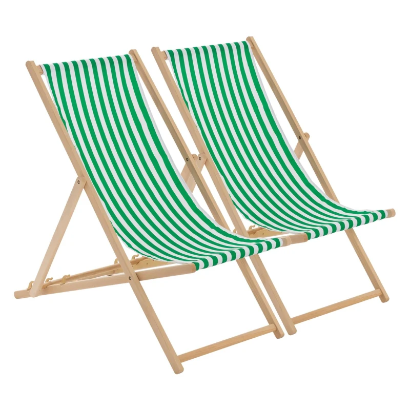 Image of Harbour Housewares Folding Wooden Deck Chairs Green Stripe Pack of 2 Green