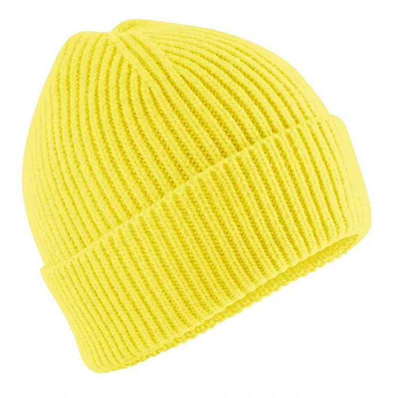 Image of Beechfield Rib Knit Stretch Wide Cuff Beanie Hat - Soft, Flexible in Lemon Lemon Unisex One Size