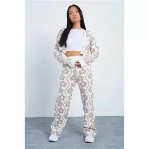 Image of I Saw It First Stone Petite Knitted High Waisted Retro Floral Trousers - Brown