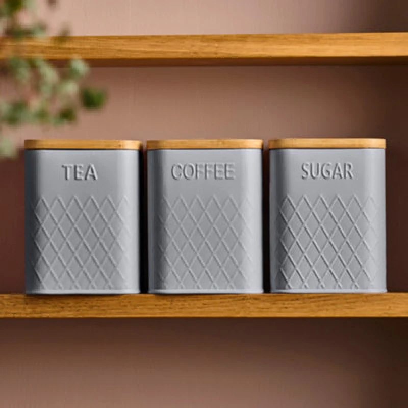 Image of Cooks Professional 3 Piece Tea, Coffee & Sugar Square Cannister Jar Bin Set With Bamboo Lids & Diamond Pattern - Dark Grey