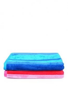 Image of Downland Pair Of Striped Super Soft Beach Towels ; Pink And Blue