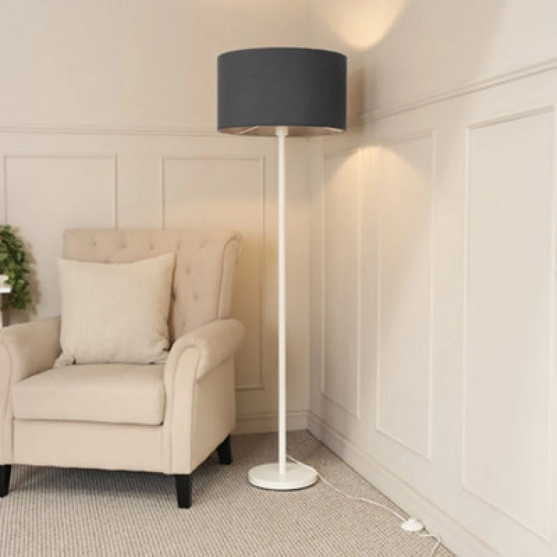 Image of ValueLights Charlie White Single Stem Floor Lamp with Fabric Drum Lamp Shade and LED Bulb Charcoal