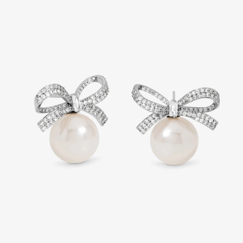 Image of Jon Richard Rhodium Plated Crystal Bow Pearl Earrings Drop Earrings One Size Silver 73412311000