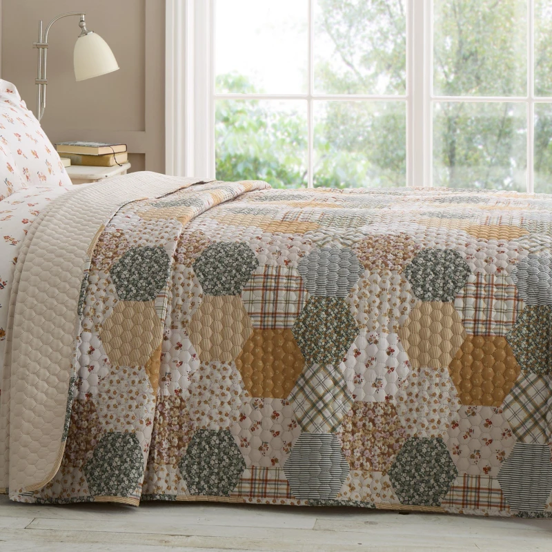 Image of Catherine Lansfield Floral Patchwork Bedspread Natural