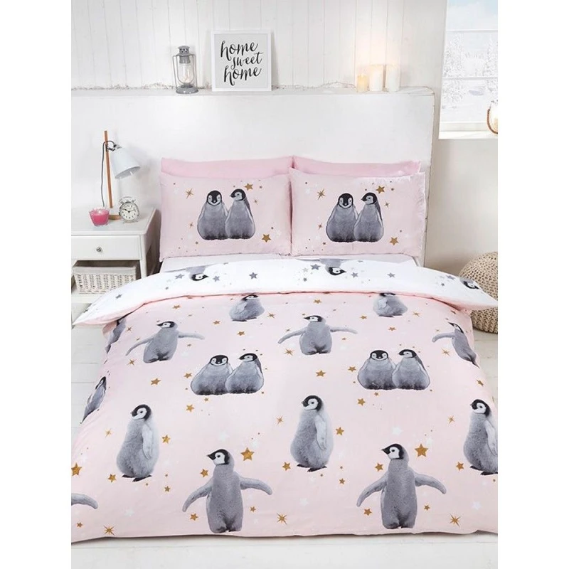 Image of Rapport Reversible Penguin Duvet Cover Set in Pink Size: Single Pink Unisex Single
