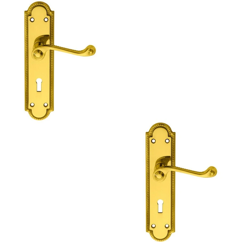 Image of Loops 2x PAIR Reeded Scroll Handle on Shaped Lock Backplate 205 x 49mm Polished Brass Metallics