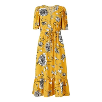 Image of Yumi Mustard Retro Floral Midi Dress - Mustard