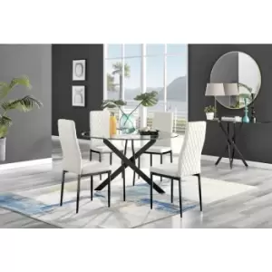 Image of Furniturebox UK - Furniturebox Novara Black Leg 120cm Round Glass Dining Table & 4 Cream Milan Velvet Dining Chairs With Black Legs Diamond Stitch