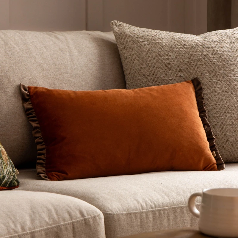 Image of Wylder Tilly Velvet Frill Reversible Cushion in Burnt Orange Size: 30cm x 50cm Burnt Orange Unisex 30cm x 50 cm