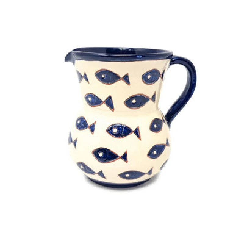 Image of Verano Spanish Ceramics Signature Blue & White Fish Hand Painted Ceramic Kitchen Small Pourer Jug 0.5L