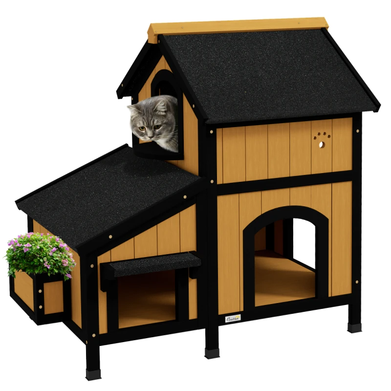 Image of PawHut Wooden Outdoor Cat House w/ Flower Pot - Windows - Multiple Entrances TJ Hughes 5063603020870