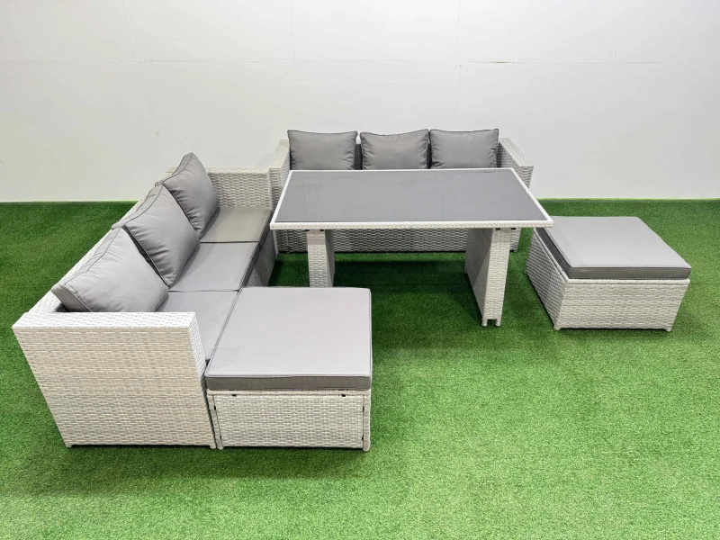 Image of Fimous 8-seater Patio Rectangular Table Sofa Set with 2 Big Stools in Light Grey Light Grey Unisex