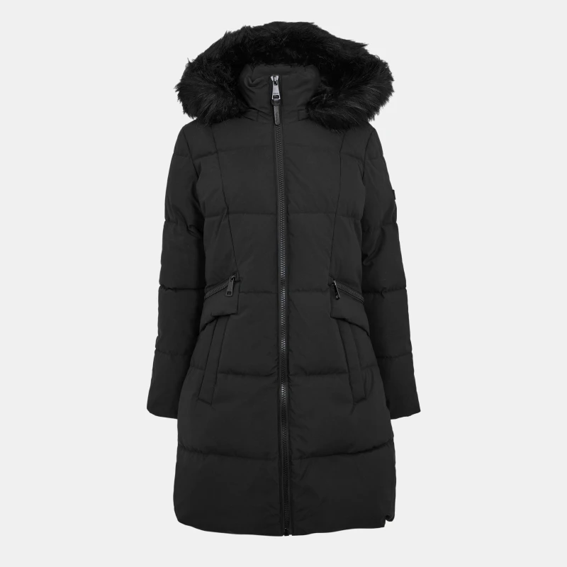 Image of DKNY Womens Quilted Fur Hood Tailored Fit Medium Puffer Jacket Black female 8 (XS)