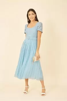 Image of Blue Lace Dress With Pleated Skirt and Belt