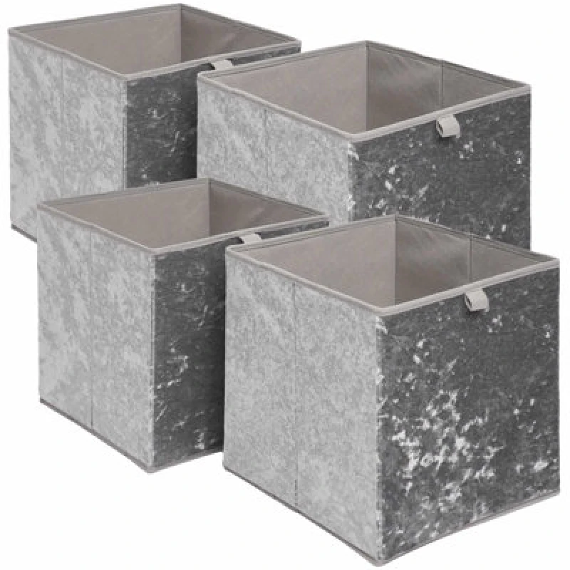 Image of OHS OHS Pack of 4 Crushed Velvet Folding Storage Box Cube in Charcoal Charcoal One Size Unisex 5027434150557