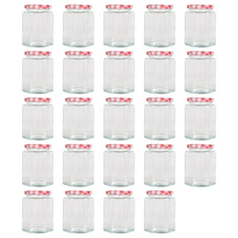 Image of Argon Tableware Hexagonal Glass Jam Jars With Red Gingham Lids - 250ml - Pack Of 24