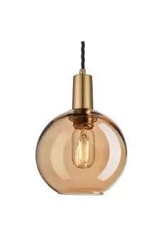 Image of Sleek Tinted Glass Globe Pendant, 7 Inch, Amber, Brass Holder