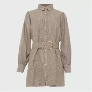 Image of Missguided Petite Houndstooth Belted Shirt Dress - Brown